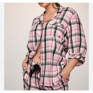 Victoria's Secret Flannel Pajama Top Pink White Black Women's Size S Long NWOT